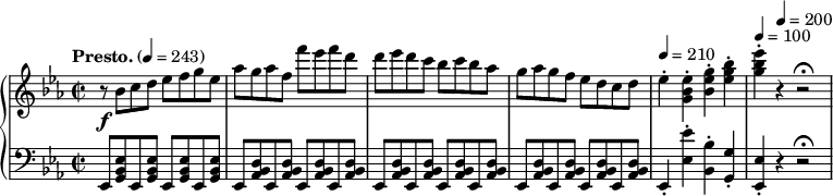 
 \relative c''{
 \new PianoStaff <<
 \new Staff {
 \key ees \major
 \tempo "Presto." 4 = 243
 \time 2/2
 \f r8 bes c d ees f g ees aes g aes f f' ees f d d ees d c bes c bes aes g aes g f ees d c d \tempo 4 = 210 ees4-. <g, bes ees>-. <g' ees bes>-. <bes g ees>-. \tempo 4 = 100 <ees bes g>-. \tempo 4 = 200 r r2\fermata
 }

 \new Staff {
 \clef bass
 \key ees \major
 ees,,,,8 <g bes ees> ees <g bes ees> ees <g bes ees> ees <g bes ees> ees <aes bes d> ees <aes bes d> ees <aes bes d> ees <aes bes d> ees <aes bes d> ees <aes bes d> ees <aes bes d> ees <aes bes d> ees <aes bes d> ees <aes bes d> ees <aes bes d> ees <aes bes d> ees4-. <ees' ees'>-. <bes' bes,>-. <g g,>-. <ees ees,>-. r r2\fermata
 } >> } 