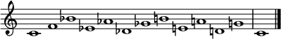   {
\omit Score.TimeSignature
\relative c' { \set Score.tempoHideNote = ##t \tempo 1 = 60 \time 12/1
  c1 f bes ees, aes des, ges b e, a d, g | c, \bar "|."
} }
\layout { \context {\Score \omit BarNumber} line-width = #100 }
