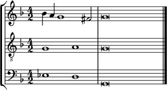 
    { 
      \override Score.SpacingSpanner.strict-note-spacing = ##t
  \set Score.proportionalNotationDuration = #(ly:make-moment 1/2)
    << \new StaffGroup <<
        \new Staff <<
            \set Score.tempoHideNote = ##t \tempo 2 = 60
            \set Staff.midiInstrument = #"voice oohs"
            \clef treble \time 4/2
            \relative c'' {
                \clef treble \time 4/2 \key g \dorian
                bes4 a g1 fis2 g\breve
                }
            >>
        \new Staff <<
            \set Staff.midiInstrument = #"voice oohs"
            \clef "treble_8" \time 4/2 \key g \dorian
            \new Voice \relative c' {
                g1 a g\breve
                }
            >>
        \new Staff <<
            \set Staff.midiInstrument = #"voice oohs"
            \clef bass \time 4/2 \key g \dorian
            \new Voice \relative c {
                es1 d g,\breve \bar "|."
                }
            >>
    >>
>> }
