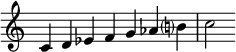  {
\override Score.TimeSignature #'stencil = ##f
\relative c' { 
  \clef treble \time 7/4
  c4^\markup {} d es f g aes b!? c2
  }
}