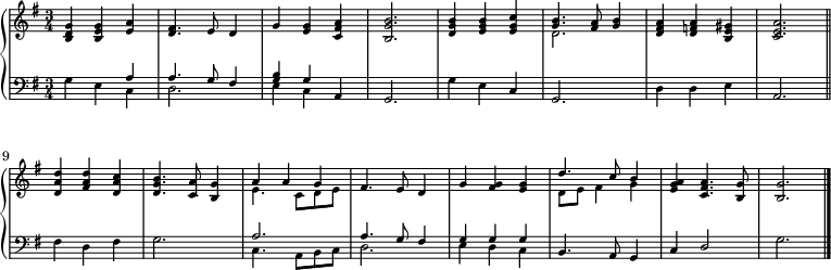 
\new GrandStaff <<
  \new Staff \with { midiInstrument = "fiddle" \magnifyStaff #5/7 }
  \relative g' {
    \set Score.tempoHideNote = ##t
    \key g \major
    \time 3/4
    \tempo 4 = 60
     <b, d g>4 <b e g> <e a> <d fis>4. e8 d4 g <e g> <c fis a> <b g' b>2. <d g b>4 <e g b> <e g c> << { 
       \voiceOne
        <g b>4. <fis a>8 <g b>4 } \new Voice {
       \voiceTwo d2. 
       } 
     >> <d fis a>4 <d f a> <b e gis> <c e a>2. \bar "||" \break
     <d a' d>4 <fis a d> <d a' c> <d g b>4. <c a'>8 <b g'>4 << { 
       \voiceOne 
        a' a g 
       } \new Voice { 
       \voiceTwo 
        e4. c8 d e 
       } 
     >> fis4. e8 d4 g <fis g> <e g> << { 
       \voiceOne 
        d'4. c8 b4 } \new Voice { 
       \voiceTwo 
        d,8 e fis4 g 
       } 
     >> <e g a> <c fis a>4. <b g'>8 <b g'>2. \bar "|."
     }
  \new Staff \with { midiInstrument = "fiddle" \magnifyStaff #5/7 }
     \relative g {
     \set Score.tempoHideNote = ##t
     \clef bass
     \key g \major << { 
       \voiceOne 
       } \new Voice { 
       \voiceTwo 
        g4 e } >> << { 
       \voiceOne 
        a a4. g8 fis4 <g b> g 
       } \new Voice { 
       \voiceTwo 
        c, d2. e4 c \override Stem.direction = #up a g2. g'4 e c g2. d'4 d e a,2. fis'4 d fis g2.
       } 
     >> << { 
       \voiceOne 
        a2. a4. g8 fis4 g g g b,4. a8 g4 c d2 \override Stem.direction = #down g2.
       } \new Voice { 
       \voiceTwo 
        c,4. a8 b c d2. e4 d c
       } 
     >>
   } 
>>
