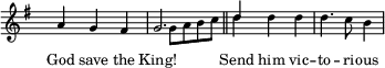 
  \new Staff \with { \magnifyStaff #5/7 } <<
    \set Score.tempoHideNote = ##t
    \new Voice \relative g' {
      \set midiInstrument = #"choir aahs"
      \voiceOne
      \key g \major
      \time 3/4
      \tempo 4 = 60
      \hide Staff.TimeSignature
       a4 g fis g2. \bar "||" d'4 \stemNeutral d d d4. c8 b4
    }
    \addlyrics {
      \override LyricText.font-size = #-1
       God save the King!
       Send him vic -- to -- ri -- ous
    }
    \new Voice \relative g {
      \set midiInstrument = #"piano"
      \voiceTwo
       s2. s4 g'8 a b c d4 
    }
  >>
  \layout { }
  \midi {
    \context {
      \Staff
      \remove "Staff_performer"
    }
    \context {
      \Voice
      \consists "Staff_performer"
    }
  }
