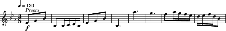 
\relative c' {
  \version "2.18.2"
  \key es \major
  \time 3/8
  \tempo 4 = 130
  es8\f^\markup { \italic Presto } g  bes
  bes, bes16 c d bes
  es8 g  bes
  bes,4. aes''4. g
  f8 aes16 g f ees d ees f d bes8
}
