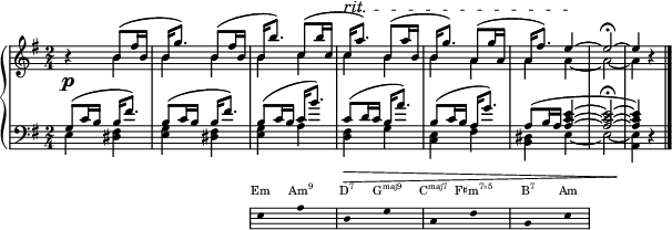  { <<
  \new Dynamics {
    s2 s s4 s \tempo 8 = 87 s-"rit." \tempo 8 = 82 s \tempo 8 = 77 s \tempo 8 = 72 s
  }
 \new PianoStaff <<
  \new Staff \with{ \magnifyStaff #3/4 } << 
   \new Voice \relative c' {
   \key e \minor \set Score.tempoHideNote = ##t \tempo 8 = 92 \time 2/4 \stemUp \slurUp \tieUp
    r4 b'8( fis'16 b, | b g'8.) b,8( fis'16 b, | b b'8.) c,8( b'16 c, | c a'8.^\startTextSpan) b,8( a'16 b, | b g'8.) a,8( g'16 a, | a fis'8.) e4 ~ \stopTextSpan e2 \fermata ~ e4 r \bar "|."
   }
   \new Voice \relative c' {
   \stemDown \tieDown
    s4 b'4 b b b c c b b a a a ~ a2 ~ a4 s4
   }
  \new Dynamics {
    \p
  }
  \new Staff \with{ \magnifyStaff #3/4 } <<
   \new Voice \relative c' { 
    \key e \minor \clef F \time 2/4 \stemUp \slurUp \tieUp
    g8( c16 b b fis'8.) | b,8( c16 b b fis'8.) | b,8( c16 b c b'8.) | c,8( d16 c b a'8.) | b,8( c16 b a g'8.) | a,8( b16 a ~ <a c e>4 ~ <a c e>2 \fermata ~ <a c e>4) r | 
   }
   \new Voice \relative c' { 
    \stemDown \tieDown
    e,4 <dis fis> | <e g> <dis fis> | <e g> a | <d, fis> g | <c, e> fis | <b, dis> e4 ~ e2 ~ <a, e'>4 s
   }
  \new Dynamics {
    s2 s s s\> s s s s \!
  }
 >> >> >>
 \new Staff = "chords" \with {
      \omit TimeSignature
      \magnifyStaff #2/3
    } \relative c' 
 { \hide Staff.KeySignature \hide Staff.Clef \key e \minor \clef bass
 { \hide Stem \stopStaff \once \hide \p s2 s \startStaff e,8 s a s d, s g s c, s fis s b, s e s \stopStaff}} 
\addlyrics \with { alignAboveContext = "chords" \override VerticalAxisGroup.nonstaff-relatedstaff-spacing = #'((basic-distance . 3)) } { \override LyricText.font-size = #-3 Em \markup{\concat{Am\super{9}}} \markup{\concat{D\super{7}}} \markup{\concat{G\super{maj9}}} \markup{\concat{C\super{maj7}}} \markup{\concat{F♯m\super{7♭5}}} \markup{\concat{B\super{7}}} Am}
>>
 }
\layout { line-width = #150 }
