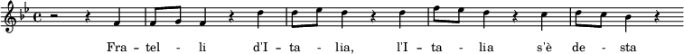 \new Staff \with { \magnifyStaff #5/7 } \relative f' { \clef treble \set Score.tempoHideNote = ##t \time 4/4 \tempo 4 = 120 \key bes \major r2 r4 f4 f8 g8 f4 r4 d'4 d8 ees8 d4 r4 d4 f8 ees8 d4 r4 c4 d8 c8 bes4 r4 } \addlyrics { \override LyricText.font-size = #-1 Fra -- tel - li d'I -- ta - lia, l'I -- ta - lia s'è de - sta } \layout { \context { \Score \override SpacingSpanner.base-shortest-duration = #(ly:make-moment 1/64) } }