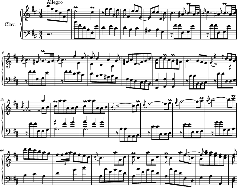 
\version "2.18.2"
\header {
  tagline = ##f
  % composer = "Domenico Scarlatti"
  % opus = "K. 498"
  % meter = "Allegro"
}

%% les petites notes
trillDb     = { \tag #'print { d2\prall } \tag #'midi { e32 d e d~ d8~ d4 } }
trillCis    = { \tag #'print { cis4\prall } \tag #'midi { d32 cis d cis~ cis8 } }
trillBqp    = { \tag #'print { b8.\prall } \tag #'midi { cis32 b cis b~ b16 } }
trillDq     = { \tag #'print { d8\prall } \tag #'midi { e32 d e d } }
trillBq     = { \tag #'print { b8\prall } \tag #'midi { cis32 b cis b } }
trillCisq   = { \tag #'print { cis8\prall  } \tag #'midi { d32 cis d cis } }
trillFisq   = { \tag #'print { fis8\prall  } \tag #'midi { g32 fis g fis } }
trillAq     = { \tag #'print { a8\prall } \tag #'midi { b32 a b a } }

upper = \relative c'' {
  \clef treble 
  \key b \minor
  \time 3/4
  \tempo 4 = 102

      s8*0^\markup{Allegro}
      b'8 fis d b fis e' | \trillDb \trillCis | r8 fis8 fis g,4 e'8 |
      % ms. 4
      e8 fis,4 d'8 d e,~ | e cis' cis d,4 b'8 | b4. \repeat unfold 3 { ais8 \trillBqp ais32 b |
      % ms. 9
      \acciaccatura b8 cis4. } 
      << { fis4 e8~ | e d4 cis b8 | ais cis fis, ais b d } 
       \\ { s8 g,4 | fis e d | s4 fis2 } >>
      % ms. 12
      < g cis >8 e' \trillDq cis8 \trillBq ais8 | b4. b8 a g | << { r4 r8 d'8 cis b | s2 a'4 } \\ { \stemUp \appoggiatura g,8 \stemDown fis2 r4 | \stemUp \appoggiatura b8 a2~ \stemDown a8 b8 } >> 
      % ms. 16
      \repeat unfold 2 { \trillCisq a'8 a a, a b } | \appoggiatura b8 cis2~ cis8 \trillDq | \appoggiatura d8 e2~ e8 \trillFisq
      % ms. 20
      \appoggiatura fis8 g2~ g8 \trillAq | \acciaccatura a8 b2~ b8 \trillCisq | d8 d cis b a g | fis \times 2/3 { fis16 g a } g8 fis e d |
      % ms. 24
      \acciaccatura d8 cis4. \repeat unfold 2 { a'8 a, d | \trillDq cis4 } 
      << { s8 fis4~ | fis8 } \\ { a8 fis c | b < g' b > < fis a > < e g > < d fis > < cis e > } >>
      % ms. 28
      << { fis8 } \\ { d8 } >>

}

lower = \relative c' {
  \clef bass
  \key b \minor
  \time 3/4

    % ************************************** \appoggiatura a16  \repeat unfold 2 {  } \times 2/3 { }   \omit TupletNumber 
      r2. | b'8 fis d b fis e' | d4 e cis |
      % ms. 4
      d4 b cis | ais b g | \repeat unfold 3 { r8 fis' fis fis, g e' }
      % ms. 9
      r8 fis fis d e cis | d b cis ais b g | fis e d cis d b |
      % ms. 12
      < e, e' >4 < fis fis' > q | r8 b'8 b b, b cis | r8 d' d d, d e | r8 fis' fis fis, fis g |
      % ms. 16
      << { r4 fis'4 g | a fis g } \\ { a,2. a } >> | r8 a8 a a, a b | r8 cis' cis cis, cis d |
      % ms. 20
      r8 e' e e, e fis | r8 g' g g, g a | b4 cis a | d g b |
      % ms. 24
      \repeat unfold 2 { a,8 a' e g fis d } | a a' fis d fis, d | g4 a a, |
      % ms. 28
      < d fis >4*1/2

}

thePianoStaff = \new PianoStaff <<
    \set PianoStaff.instrumentName = #"Clav."
    \new Staff = "upper" \upper
    \new Staff = "lower" \lower
  >>

\score {
  \keepWithTag #'print \thePianoStaff
  \layout {
      #(layout-set-staff-size 17)
    \context {
      \Score
     \override TupletBracket.bracket-visibility = ##f
     \override SpacingSpanner.common-shortest-duration = #(ly:make-moment 1/2)
      \remove "Metronome_mark_engraver"
    }
  }
}

\score {
  \keepWithTag #'midi \thePianoStaff
  \midi { \set Staff.midiInstrument = #"harpsichord" }
}
