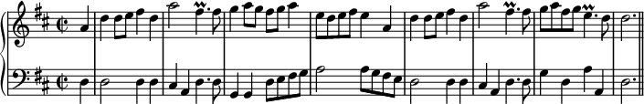 
\version "2.14.2"
\header {
  tagline = ##f
}

upper = \relative c'' {
  \set Staff.midiInstrument = "trumpet"
  \clef treble 
  \key d \major
  \time 2/2
  \tempo 2 = 65

\partial 4 a4 d d8 e fis4 d a'2 fis4.\prall fis8 g4 a8 g fis g a4 e8 d e fis e4
a, d d8 e fis4 d a'2 fis4.\prall fis8 g a fis g e4.\prall d8 d2. \bar "||"

}
lower = \relative c {
  \set Staff.midiInstrument = "church organ"
  \clef bass
  \key d \major
\partial 4 d4 d2 d4 d cis a d4. d8 g,4 g d'8 e fis g a2 a8 g fis e  
d2 d4 d cis a d4. d8 g4 d a' a, d2.
}

\score {
  \new PianoStaff <<
    \new Staff = "upper" \upper
    \new Staff = "lower" \lower
  >>
  \layout {
    \context {
      \Score
      \remove "Metronome_mark_engraver"
    }
  }
  \midi { }
}
