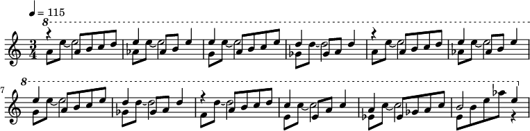 
{ \relative c''' {
 \clef treble
 \time 3/4
 \tempo 4 = 115
 \set Staff.midiInstrument = "celesta"
 << { \ottava #1 r4 a8 b c d e4 aes,8 b e4 e a,8 b c e d4 ges,8 a d4 \ottava #0 } \\ { a8 e'~ e2 aes,8 e'~ e2 g,8 e'~ e2 ges,8 d'~ d2 } >>
 \set Staff.midiInstrument = "music box"
 << { \ottava #1 r4 a8 b c d e4 aes,8 b e4 e a,8 b c e d4 ges,8 a d4 \ottava #0 } \\ { a8 e'~ e2 aes,8 e'~ e2 g,8 e'~ e2 ges,8 d'~ d2 } >>
 \set Staff.midiInstrument = "vibraphone"
 << { \ottava #1 r4 a8 b c d c4 e,8 a c4 a ees8 ges a c b2 e4 \ottava #0 } \\ { f,8 d'~ d2 e,8 c'~ c2 ees,8 c'~ c2 e,8 b' e aes r4 } >>
 }
 } 