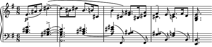 
\version "2.18.2"
\header {
  tagline = ##f
}
upper = \relative c' {
  \clef treble 
  \key g \major
  \time 6/8
  \tempo 4. = 76 % nonobstant le 94 de la partition, c'est beaucoup trop peu pratiqué par les interprètes...
  \tempo "Allegretto"
  %\autoBeamOff
 \set Staff.midiInstrument = #"acoustic grand"

  e8.(\p ais16 b8) dis4.->~\( dis8. bis16 dis8  bis8. b16 cis,8 b'4-- cis,8\) < e gis >8.\( bis16 < dis gis >8
  << { fis4-- e8\) e8. fis16 d8 } \\ { cis4. c4. } >>
  < g b e >8.
}

lower = \relative c' {
  \clef bass
  \key g \major
  \time 6/8
\set Staff.midiInstrument = #"acoustic grand"
    
   << { < b dis g >4. < gis bis e  >~-> q < a_~ cis eis >4. < a eis' gis >4( fis,8) < a' bis >4( fis,8) < g' ais >4( b,8) < fis' a >4( b,8) } \\ { s2. < a e' >2. } >>
   < e b' >4.
   
} 

\score {
  \new PianoStaff <<
    \set PianoStaff.instrumentName = #""
    \new Staff = "upper" \upper
    \new Staff = "lower" \lower
  >>
  \layout {
    \context {
      \Score
      \remove "Metronome_mark_engraver"
    }
  }
  \midi { }
}
