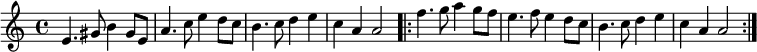 
 \relative a' {
 \time 4/4 
    e4. gis8 b4 gis8 e8    a4. c8 e4 d8 c8    b4. c8 d4 e4    c4 a4 a2
    \repeat volta 2 { 
    f'4. g8 a4 g8 f8    e4. f8 e4 d8 c8   b4. c8 d4 e4    c4 a4 a2 }
} 
