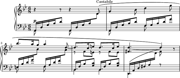 
\version "2.18.2"
\header {
  tagline = ##f
}
upper = \relative c' {
  \clef treble 
  \key g \minor
  \time 6/8
  \tempo 4. = 52
  \tempo "Andantino quasi allegretto"
  \set Staff.midiInstrument = #"flute"

   % Fauré, op. 78
   r4 r8 r4 d8^\markup{Cantabile}\( | g4 bes8 d4 g8 \stemUp bes8. a16 g8 a4 d,8~ d8.c16 e8 d8.c16 e8 < d fis, >4.~ d4\) r8  

}

lower = \relative c {
  \clef bass
  \key g \minor
  \time 6/8
  \set Staff.midiInstrument = #"orchestral harp" % A FAIRE : la voix upper doit sonner en harpe

   << 
   % Arpèges
   { g16 d' g bes d8 g,,16 d' g bes \stemDown \change Staff = "upper" d8  \stemUp \change Staff = "lower" g,,16 d' g bes d8  f,16 g bes d g8   e,16 bes' d g  \stemDown \change Staff = "upper" bes8 \stemUp \change Staff = "lower" f,16 a d f \stemDown \change Staff = "upper" a8 \stemUp \change Staff = "lower" \repeat unfold 2 { bes,,16  f' bes8 < g c >8 } d,16\( a' d fis a \stemDown \change Staff = "upper" d16 fis8\) } 

  % juste les notes accompagnement sur upper
 \\ { \stemDown \change Staff = "upper" s4.*4 s4 s8 s4 s8 r8 f8 e r8 f8 e } 

  % Basse
 \\ { \stemDown g,,8^\p s4 g8 s4 | g8 s4 f'8 s4 e8 s4 f8 s4 \mergeDifferentlyDottedOn bes,4. bes d, r8 s4 } >>
   
} 

\score {
  \new PianoStaff <<
    \set PianoStaff.instrumentName = #""
    \new Staff = "upper" \upper
    \new Staff = "lower" \lower
  >>
  \layout {
    \context {
      \Score
      \remove "Metronome_mark_engraver"
     % \override SpacingSpanner.common-shortest-duration = #(ly:make-moment 1/3)
    }
  }
  \midi {
    \context {
      \Staff
      \remove "Staff_performer"
    }
  \context {
      \Voice
      \consists "Staff_performer"
    } }
}
