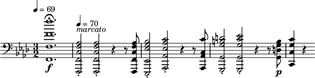 
{ \relative c {
 \key aes \major
 \tempo 4 = 69
 \time 3/2
 \clef bass
 \set Staff.midiInstrument = "brass section"
 <f'' f, f, f,>1.\f\fermata \tempo 4 = 70 <aes,, f c f, f,>2-.^\markup \italic "marcato" <aes f c f, f,>-. r4 r8 8 <bes g ees ees, ees,>2-. <c aes ees aes, aes,>-. r4 r8 <c c, aes aes,> <d b g g, g,>2-. <ees c g g, g,>-. r4 r8 <b g d g,>8\p <c g c, c,>4 r
 } } 