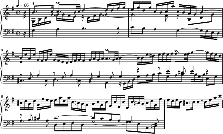 
 \relative c''{
 \new PianoStaff <<
 \new Staff {
 \key g \major
 \tempo 4 = 66
 \time 4/4
 b16 \bar "|"
 << { b8.^1 c16 c8.\prall b32 c d4~ d16 d fis g e g d g c, b c a' c, b a g b4~ b16 e a, e' } \\ { g,,16 b d g~ g g fis e r d fis g~ g4~ g4. fis8 r b, d g e4 } >>
 g16 fis g e' g, fis e d e fis g fis g a g a a8.\prall g32 a b4~ b16 b e dis e fis e fis fis8.\prall
 e32 fis g4~ g16 fis e d cis e b e a, g' fis e fis a e a d, c b a b d a d g, d' fis, d' e, d' cis b cis e a, g' fis e fis d cis8. d16 d4~ d16 fis a c
 }

 \new Staff {
 \clef bass
 \key g \major
 \partial 16 r16 g,,4 a b4. b8 c b a4 g~ g16 fis e d
 << { r8 e a4 r8 fis a4 d,8 g4 fis8 g4 r r8 e'4 dis8 e4 r r8 b8 cis4 d2~ d8 c b a g4. e8 } \\ { cis4. cis8 d4. c8 b4 a r16 g16 b d g8 a16 b c8 g a b e16 b g b e,8 g a4. a8 d, e fis d g2~ g8 e a, cis } >>
 \bar "|."
 } >> } 