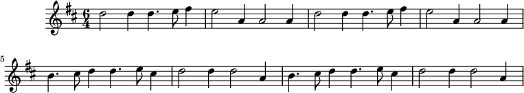 
\version "2.18.2"
\header {
  tagline = ##f
}

\score {
  \new Staff \with {

  }
<<
  \relative c'' {
    \key d \major
    \time 6/4
    \tempo 2 = 96
    \override TupletBracket #'bracket-visibility = ##f 

     %%%%
     \repeat unfold 2 { d2 d4 d4. e8 fis4 e2 a,4 a2 a4 }
     \repeat unfold 2 { b4. cis8 d4 d4. e8 cis4 d2 d4 d2 a4 } 

  }
>>
  \layout {
     \context { \Score \remove "Metronome_mark_engraver" }
     \override SpacingSpanner.common-shortest-duration = #(ly:make-moment 1/2) 
  }
  \midi {}
}
