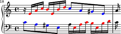 
{
      \new PianoStaff <<
        \new Staff <<
            \relative c' {
                \clef treble \key a \minor \time 4/4
                \set Score.currentBarNumber = #18
                \bar ""
                r16 \override NoteHead.color = #red e a c b e, b' d 
                \override NoteHead.color = #blue c8 a gis e  \override NoteHead.color = #black 
                a16
                }
            >>
        \new Staff <<
           \relative c' {
                \clef bass \key a \minor \time 4/4
                \override NoteHead.color = #blue c8 a gis e 
                \override NoteHead.color = #black a16 \override NoteHead.color = #red e a c b e, b' d  
                \override NoteHead.color = #black c
                }
            >>
    >> }
