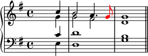 
\version "2.14.2"
\header {
  tagline = ##f
        }
upper = \relative c'' {
  \key g \major
  \time 4/4
  \tempo 2 = 54
       <<
         {
           \voiceOne
           s2. c4 b2 a4. \tweak NoteHead.color #red \tweak Stem.color #red g8 g1 \bar "||" }
         \new Voice {
           \voiceTwo
           s2. g4 g2 fis d1 }
       >>
                }

lower = \relative c' {
  \clef bass
  \key g \major
  \time 4/4

       <<
         {
           \voiceOne
           s2. c4 d1 b }
         \new Voice {
           \voiceTwo
           s2. e,4 d1 g }
       >>
}

\score {
  \new PianoStaff <<
    \new Staff = "upper" \upper
    \new Staff = "lower" \lower
  >>
  \layout {
    \context {
      \Score
      \remove "Metronome_mark_engraver"
    }
  }
  \midi { }
}
