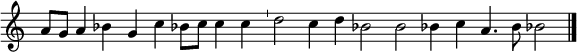 \relative c'' { \new Staff \with { \remove "Time_signature_engraver" } a8 g a4 bes g \bar "" c bes8 c c4 c \bar "'" d2 c4 d \bar "" bes2 bes \bar "" bes4 c a4. bes8 \bar "" bes2 \bar "|." }