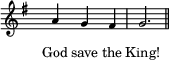 
  \new Staff \with { midiInstrument = "choir aahs" \magnifyStaff #5/7 }
  \relative g' { 
    \set Score.tempoHideNote = ##t
    \key g \major
    \time 3/4
    \tempo 4 = 60
    \hide Staff.TimeSignature
      a4 g fis g2. \bar "||"
  }
  \addlyrics {
    \override LyricText.font-size = #-1
     God save the King!
  }
