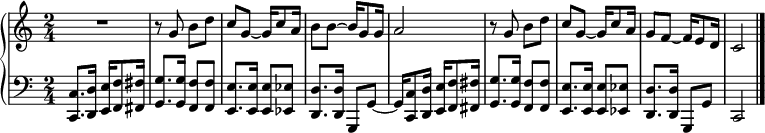 
\language "english"

{\new PianoStaff
<<
\new Staff \fixed c' {
  \clef treble
  \key c \major
  \time 2/4
  R2 r8 g8 b8 [d'] c' [g~] g16 [c'8 a16] b8 [b8~] b16 [g8 g16] a2 r8 g8 b8 [d'] c'8 [g8~] g16 [c'8 a16] g8 [f8~] f16 [e8 d16] c2\bar "|."
}
\new Staff \fixed c {
  \clef bass
  \key c \major
  \time 2/4
  <c, c>8. [<d, d>16] <e, e>16 [<f, f>8 <fs, fs>16] <g, g>8. [16] <f, f>8 [8] <e, e>8. [16] <e, e>8 [<ef, ef>8] <d, d>8. [16] g,,8 [g,8~] g,16 [<c, c>8 <d, d>16] <e, e>16 [<f, f>8 <fs, fs>16] <g, g>8. [16] <f, f>8 [8]  <e, e>8. [16] <e, e>8 [<ef, ef>8] <d, d>8. [16] g,,8 [g,8] c,2 \bar "|."
}
>>}
