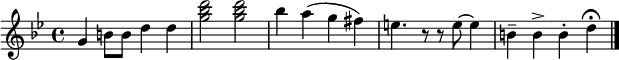 
  \transpose c g \relative c'{
  \key c \minor
  \time 4/4
    c4 e8 e g4 g          % (text after the % is just a comment)
    <c es g