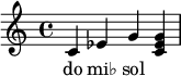 
{
   <<
   \relative c' {
      \key c \major
      \time 4/4
      \transposition c'
      c ees g << g ees c >>
      }
   \addlyrics { do mi♭ sol
      }
   >>
}
