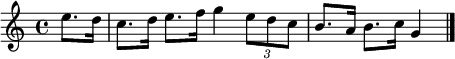 
{ \set Staff.midiInstrument = "harmonica"
e''8. \partial 16 d''16 c''8. d''16 e''8. f''16 g''4 \tuplet 3/2 { e''8 d'' c'' } b'8. a'16 b'8. c''16 g'4 \bar "|."}