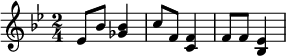 \relative
 { \set Score.tempoHideNote = ##t \tempo 4 = 80 \set Staff.midiInstrument = #"vibraphone"
  \key bes \major
  \time 2/4
     es'8 bes'8 <ges bes>4 c8 f,8 <c f>4 f8 f8 <bes, es>4
  }