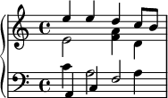 {
  \new PianoStaff <<
    \new Staff = "upper"         
        \relative c' {
      \clef treble
      \key c \major
      \time 4/4

      << {e'4 e d c8 b} \\ {e,2 <f a>4 d} >>
    }
    \new Staff = "lower" \relative c {
      \clef bass
      \key c \major
      \time 4/4

      << {a4 c f2} \\ {c'4 a2 a4} >>
    }
  >>
}