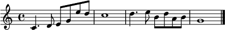 {#(set-global-staff-size 12)  c'4. d'8 e'8 g'8 e''8 d''8 c''1 d''4. e''8 b'8 d''8 a'8 b'8 g'1  \bar "|."}