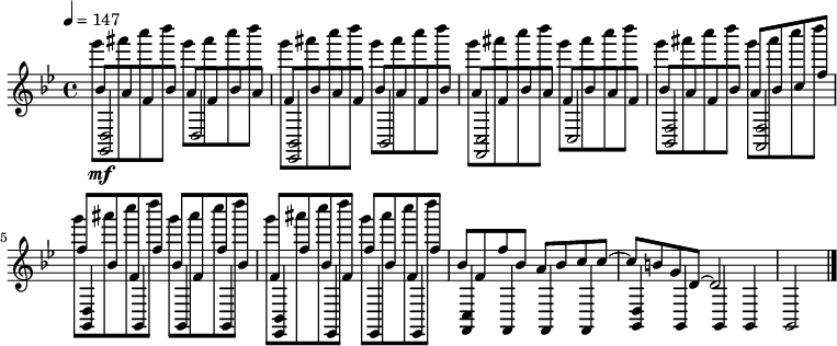 
{ \relative c'' {
 \clef treble
 \key g \minor
 \time 4/4
 \tempo 4 = 147
 << { \mf bes8 a f bes a f bes a f bes a f bes a f bes a f bes a f bes a f bes a f bes a bes c f f bes, f f' bes, f f' bes, f f' bes, f f' bes, f f' bes, f f' bes, a bes c c~ c b g d~ d2 } \\ { g''8 ais c d g, ais c d g, ais c d g, ais c d g, ais c d g, ais c d g, ais c d g, ais c d g, ais c d g, ais c d g, ais c d g, ais c d } \\ { <d,,,, g,>2 d <bes ees,> bes <c f,> c <f bes,> <a, f'> <d g,>4 g, g g <bes ees,> ees, ees ees <c' f,> f, f f <d' g,> g, g g g2 } >>
 \bar "|."
 }
 } 