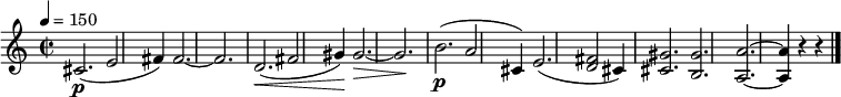 
{ \relative c' {
 \clef treble
 \key c \major
 \time 2/2
 \tempo 4 = 150
 \set Staff.midiInstrument = "clarinet"
 cis2.\p( e2 fis4) fis2.~ fis d2.\<( fis2 gis4\!) gis2.~\> gis\! b\p( a2 cis,4) e2.( <d fis>2 cis4) <cis gis'>2. <b gis'> <a a'>~ <a a'>4 r r \bar "|."
 }
 } 