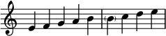  {
\override Score.TimeSignature #'stencil = ##f
\relative c' {
  \clef treble \time 5/4
  e4 f g a b
  \time 4/4
  \parenthesize b c d e
} }
