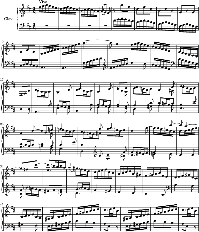 
\version "2.18.2"
\header {
  tagline = ##f
  % composer = "Domenico Scarlatti"
  % opus = "K. 224"
  % meter = "Vivo"
}

%% les petites notes
trillG       = { \tag #'print { g4\prall } \tag #'midi { a32 g a g~ g8 } }

upper = \relative c'' {
  \clef treble 
  \key d \major
  \time 3/8
  \tempo 4. = 72
  \set Staff.midiInstrument = #"harpsichord"
  \override TupletBracket.bracket-visibility = ##f

      s8*0^\markup{Vivo}
      fis16 g a g fis e | d e fis e d cis | b cis d cis b a | \appoggiatura a8 \trillG   \tempo 4. = 56 fis8   \tempo 4. = 72 | r8 a'8 fis | d fis d |
      % ms. 7
      b d b | g b g | e g e | cis16 d e fis g a  | b cis d e fis g | a4.~ |
      % ms. 13
      a8 g4 | fis16 g a g fis e | d cis b a g fis | e d cis b a g | fis8 a d | << { e4. } \\ { d8 cis16 b cis8 } >>
      % ms. 19
      b4 e8 | << { fis4. } \\ { e8 d16 cis d8 } >> | cis4 << { fis8~ | fis d g | a4. | e4 a8 | b4. } \\ { s8 | s4 cis,8 | g' f!16 e f8 | s4 dis8 | a'8 g16 fis g8 } >> 
      % ms. 26
      fis4 << { b8~ | b g c! | d4. | a4 d8 | e4. } \\ { s8 | s4 fis,8 | c'8 b16 a b8 | g f!16 e fis8 | d'8 c!16 b c8 } >> |

      % ms. 31
      b4 << { s8 | s4 a'8~ | a g4~ | g8 f d'~ | d c!16 b c a } \\ { e8^~ | e16 e d c b a | b8 b16 cis d e | s4. | e4. } >> | 
      \appoggiatura a16 gis8. fis16 e d | cis d e fis cis b | a b cis d a gis |
      % ms. 39
      fis16 gis a b fis e | d e fis gis d cis | b cis d e b a | \repeat unfold 2 { gis a b cis d e | fis gis a b cis d | cis8. d32 e b8 }

}

lower = \relative c' {
  \clef bass
  \key d \major
  \time 3/8
  \set Staff.midiInstrument = #"harpsichord"
  \override TupletBracket.bracket-visibility = ##f

    % ************************************** \appoggiatura a16  \repeat unfold 2 {  } \times 2/3 { }   \omit TupletNumber 
      R4.*4 | d16 e fis e d cis | b cis d cis b a | 
      % ms. 7
      g16 a b a g fis | e fis g fis e d | cis d e d cis b | a4. | g | fis'16 g a b cis d   \clef treble  |
      % ms. 13
      e16 fis g a b cis | d4 cis8 | b16 a g fis e d   \clef bass | cis b a g fis e | d4 d8 |
      % ms. 18
      << { a4 a'8 | a g16 fis g8 } \\ { \mergeDifferentlyDottedOn a,4. | e'4 e8 } >> | b4 b'8 |
      << { b8 a16 g a8  | b4 g8 | a4 d8 | d c!16 b c8 | b4 e8 } \\ { fis,4 fis8 | g4 e8 | d4 gis8 | a4 a8 | e4. } >>
      % ms. 26
      << { e'8 d16 cis d8 | e4 c8 | d4 g8 | d4 } \\ { b4. | c!4 a8 | g4. | d4 } >>  \clef treble   d'8 | 
      < a e' >4 << { a'8 | a gis16 fis gis8 | a4 } \\ { dis,8 | e4. | f4 f8 } >>
      % ms. 33
      e4 e8 | << { a8 } \\ { d,8 } >> d'16 c b a | << { gis8 a a | b8. d16 cis b } \\ { s4 f8 | e4. } >> | a4 gis8 | fis4 e8 |
      % ms. 39
      d4 cis8  \clef bass  | b4 a8 | gis4 fis8 |
      \repeat unfold 2 { e16 fis gis a b cis | d8 cis b | a e r8 }

}

thePianoStaff = \new PianoStaff <<
    \set PianoStaff.instrumentName = #"Clav."
    \new Staff = "upper" \upper
    \new Staff = "lower" \lower
  >>

\score {
  \keepWithTag #'print \thePianoStaff
  \layout {
      #(layout-set-staff-size 17)
    \context {
      \Score
     \override SpacingSpanner.common-shortest-duration = #(ly:make-moment 1/2)
      \remove "Metronome_mark_engraver"
    }
  }
}

\score {
  \keepWithTag #'midi \thePianoStaff
  \midi { }
}
