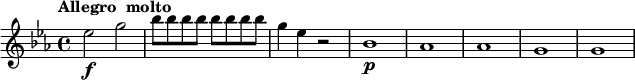 
\relative c'' {
   \version "2.18.2"
   \key es \major
   \tempo "Allegro  molto"
   \tempo 4 = 150
   es2\f g |
  \repeat unfold 8 { bes8 } |
  g4 es r2 |
  bes1\p | as | as | g | g |
}
