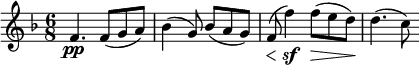 
    \relative c' {
        \set Score.currentBarNumber = #37
        \key f \major
        \time 6/8

        f4.\pp f8( g a)
        bes4( g8) bes( a g)
        \override DynamicLineSpanner.staff-padding = #2
        f(\< f'4)\sf f8(\> e d)\!
        d4.( c8)
    }
