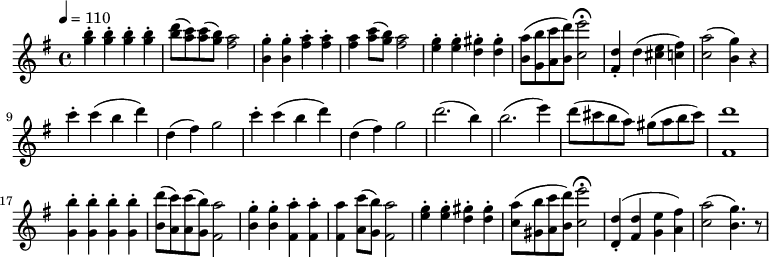 
{ \relative c'' {
 \clef treble
 \key g \major
 \tempo 4 = 110
 \set Staff.midiInstrument = "flute"
 <b' g>4-. <b g>-. <b g>-. <b g>-. <d b>8 (<c a>) <c a> (<b g>) <a fis>2
 <g b,>4-.  <g b,>-. <a fis>-. <a fis>-. <a fis> <c a>8 (<b g>) <a fis>2
 <g e>4-. <g e>-. <gis d>-. <gis d>-. <a b,>8 (<b g,> (<c a,> <d b,>) <e c,>2 \fermata
 <d, fis,>4-. d (<e cis> <fis c>) <a c,>2 (<g b,>4) r
 c-. c (b d) d, (fis) g2 c4-. c (b d) d, (fis) g2 d'2. (b4) b2. (e4)
 d8 (cis b a) gis (a b cis) <d fis,,>1
 <b g,>4-. <b g,>-. <b g,>-. <b g,>-. <d b,>8 (<c a,>) <c a,> (<b g,>) <a fis,>2
 <g b,>4-. <g b,>-. <a fis,>-. <a fis,>-. <a fis,> <c a,>8 (<b g,>) <a fis,>2
 <g e>4-. <g e>-. <gis d>-. <gis d>-. <a c,>8 (<b gis,> <c a,> <d b,>) <e c,>2 \fermata
 <d, d,>4-. (<d fis,> <e g,> <fis a,>) <a c,>2 (<g b,>4.) r8
 } } 