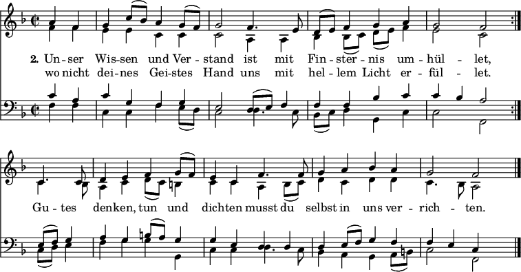 
<< <<
\new Staff { \clef treble \time 2/2 \partial 2 \key f \major \set Staff.midiInstrument = "church organ" \set Score.tempoHideNote = ##t \override Score.BarNumber #'transparent = ##t
  \relative c'' \repeat volta 2 { << { \set Timing.measurePosition = #(ly:make-moment -2/4) a4 f | g c8( bes) a4 g8( f) | g2
  f4. e8 | d8( e) f4 g a | g2 f \break } \\
  { f4 f | e e c c | c2
  a4 a4 | bes bes8( c) d( e) f4 | e2 c }
  >> }
  \relative c'
  << { \set Timing.measurePosition = #(ly:make-moment -2/4) c4. c8 | d4 e f g8( f) | e4 c
  f4. f8 | g4 a bes a | g2 f \bar"|." } \\
  { c4. bes8 | a4 c d8( c) b4 | c4 c
  a4 bes8( c) | d4 c d d | c4. bes8 a2 } >>
}
\new Lyrics \lyricmode { \set stanza = #"2."
Un4 -- ser Wis -- sen und Ver -- stand2
ist4 mit Fin -- ster -- nis um -- hül2 -- let,
Gu4 -- tes den -- ken, tun und dich -- ten
musst4 du selbst in uns ver -- rich2 -- ten.
}
\new Lyrics \lyricmode {
wo4 nicht dei -- nes Gei -- stes Hand2
uns4 mit hel -- lem Licht er -- fül2 -- let.
}
\new Staff { \clef bass \key f \major \set Staff.midiInstrument = "church organ"
  \relative c' \repeat volta 2 { << { c4 a | c g f g | e2
  d8( e) f4 | f f bes c | c bes a2 } \\
  { f4 f | c c f e8( d) | c2
  d4. c8 | bes8( c) d4 g, c | c2 f, }
  >> }
  \relative c'
  << { e,8( f) g4 | a g b8([ a]) g4 | g4 e
  d d | d4 e8( f) g4 f | f4 e c } \\
  { c8( d) e4 | f g g g, | c4 c
  d4. c8 | bes4 a g a8( b) | c2 f, } >>
}
>> >>
\layout { indent = #0 }
\midi { \tempo 4 = 90 }
