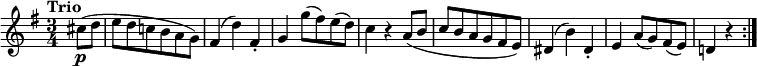 
\relative c'' {
    \version "2.18.2"
     \key g \major
     \time 3/4
     \tempo "Trio"
     \tempo 4 = 160
  \partial 4
  cis8 \p  (d e d c! b a g)
  fis4 (d') fis,-.
  g g'8 (fis) e (d)
  c4 r a8 (b c b a g fis e)
  dis4 (b') dis,-.
  e a8 (g) fis (e)
  d!4 r \bar ":|."
}
