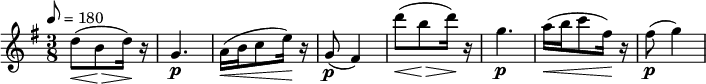 
{ \relative c'' {
 \key g \major
 \tempo 8 = 180
 \time 3/8
 \clef treble
 \set Staff.midiInstrument = "viola"
 d8\< (b\!\> d16\!) r g,4.\p a16\< (b c8 e16\!) r g,8\p (fis4) d''8\< (b\!\> d16\!) r g,4.\p a16\< (b c8 fis,16\!) r fis8\p (g4)
 } } 