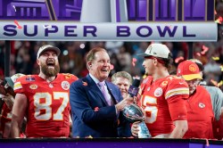 Super Bowl LVIII on Sunday, February 11, 2024, at Allegiant Stadium in Las Vegas, Nevada.   Pictured (L-R): Travis Kelce, Jim Nantz, and Patrick Mahomes. Photo: Gail Schulman/CBS ©2024 CBS Broadcasting, Inc. All Rights Reserved