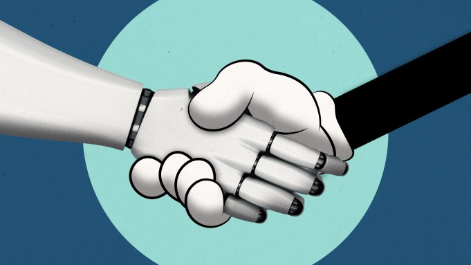 A robot and a cartoon shaking hands