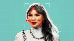 Photo illustration of a pixelated Taylor Swift with caution signs on her face