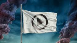 Tattered white flag flying with a streaming symbol