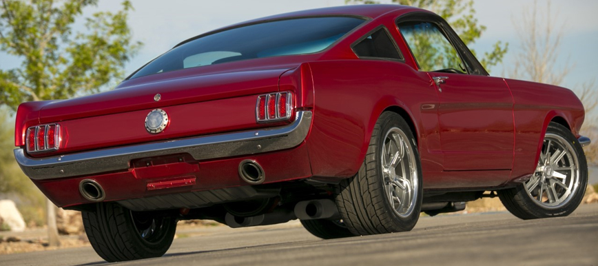 Red Mustang with 17 inch custom wheels