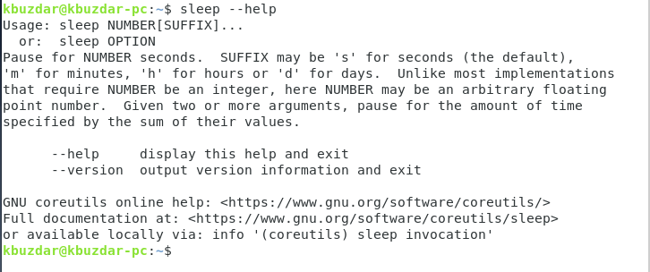 Online help for sleep command