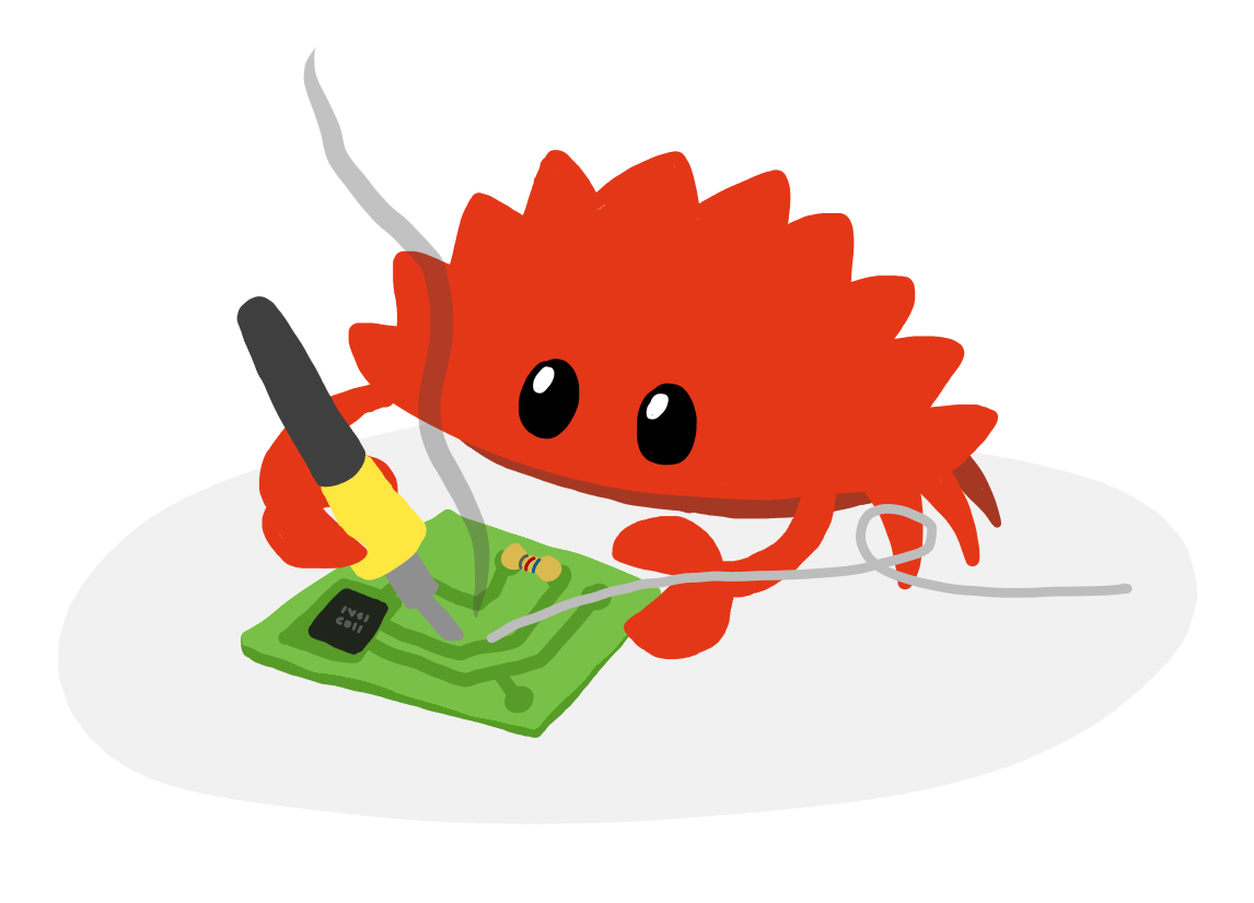 Ferris the rustacean (a cute red cartoon crab), holding a soldering iron and solder while working on a circuit board