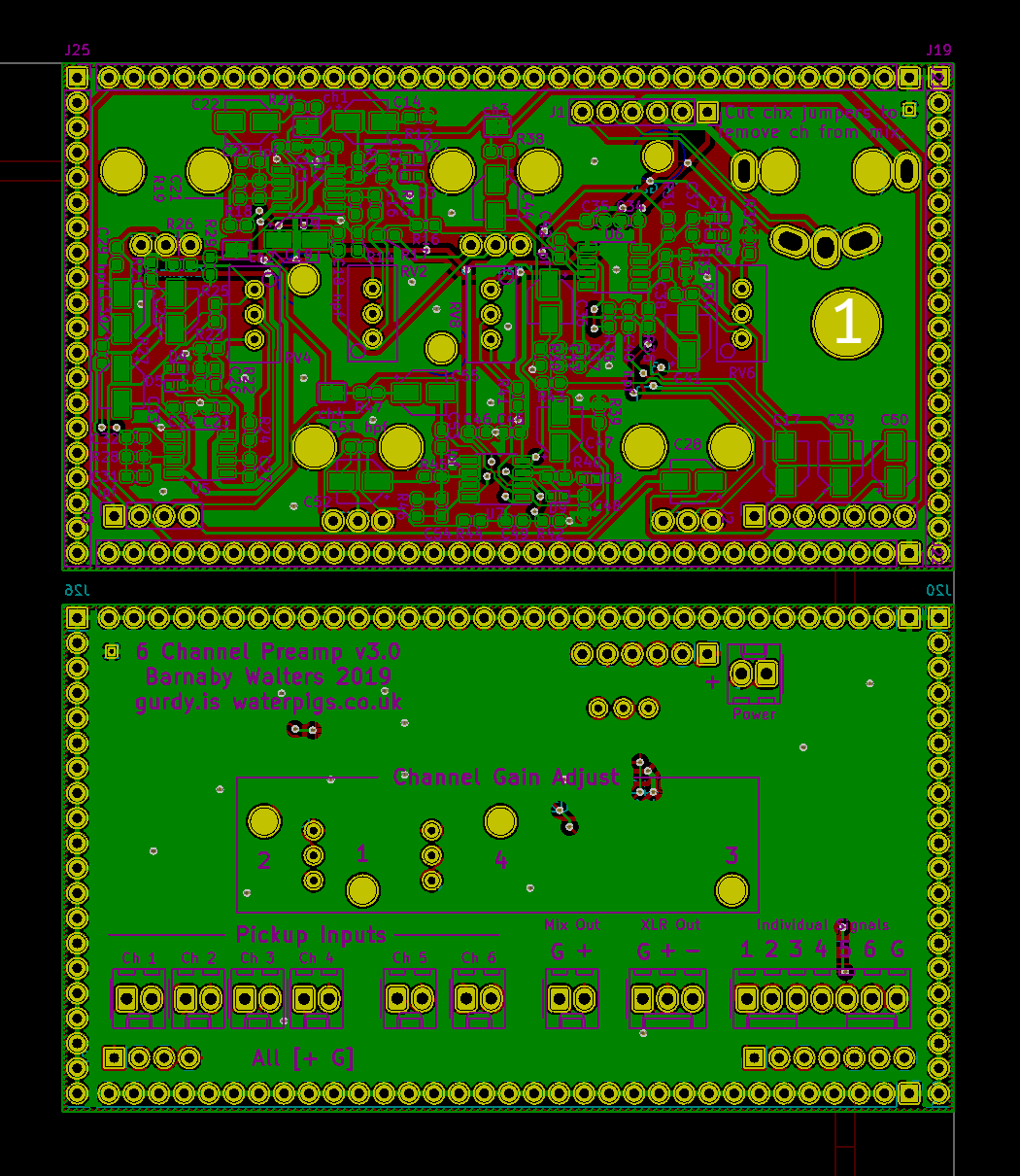 Screenshot of the circuit board layout for a “6 channel hurdy gurdy preamp”, showing copper traces for both sides of both boards