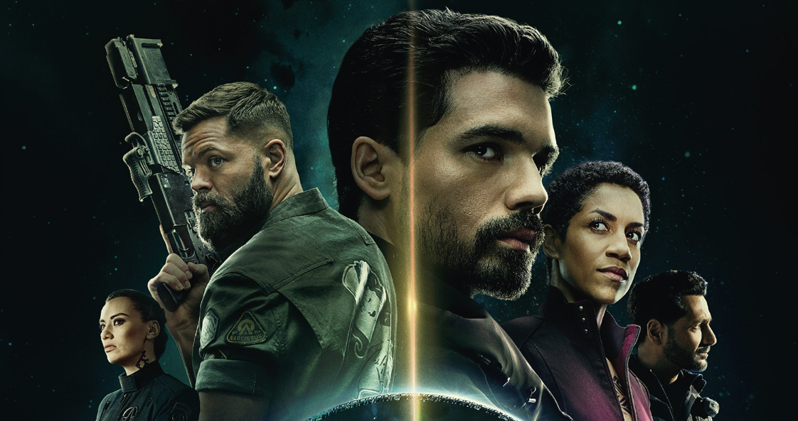 Promotional images for The Expanse, featuring Drummer, Amos, Holden, Naomi, and Alex.