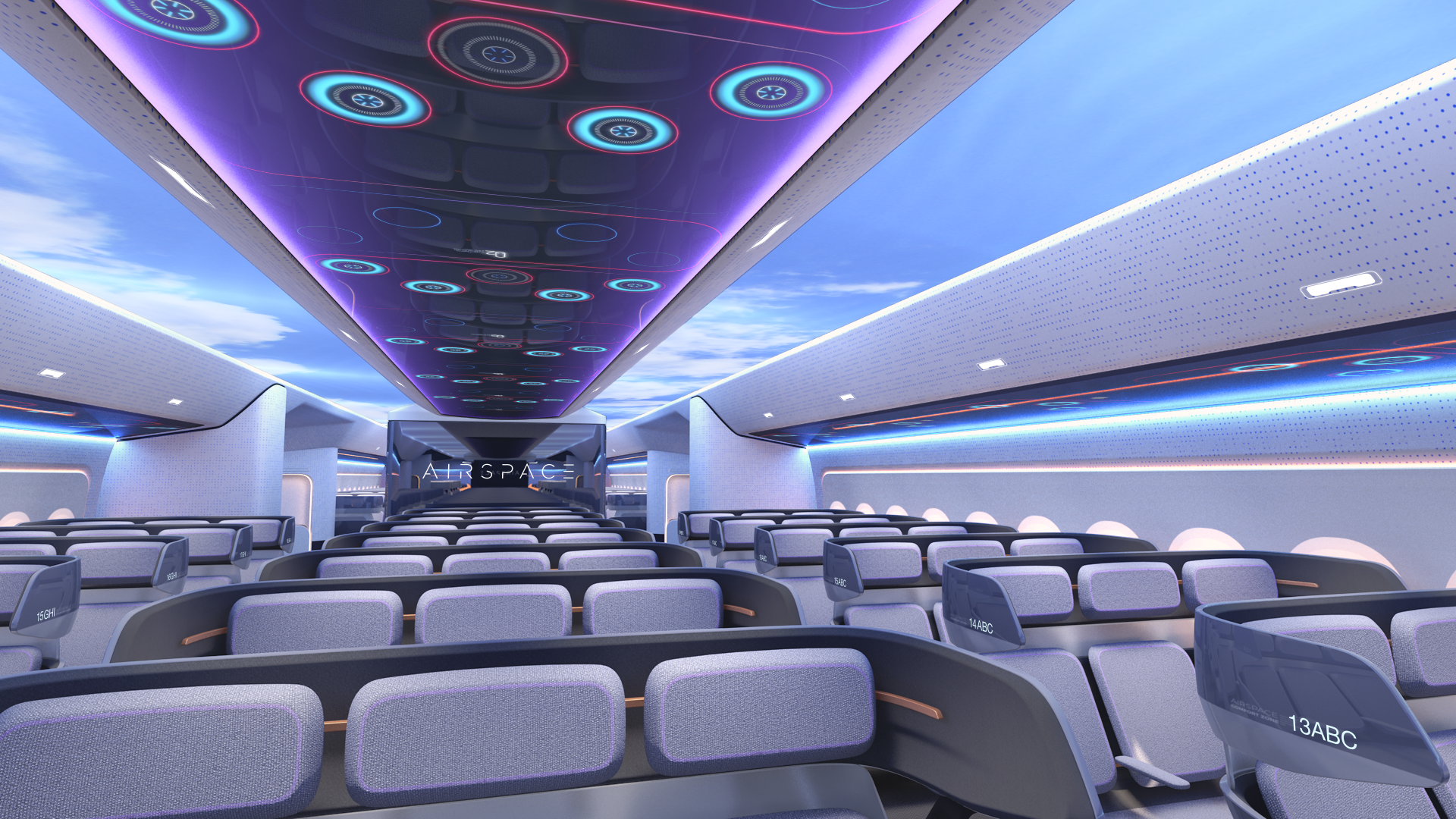 An artists’s rendering of the interior seating and lighting of the new Airbus airplane.