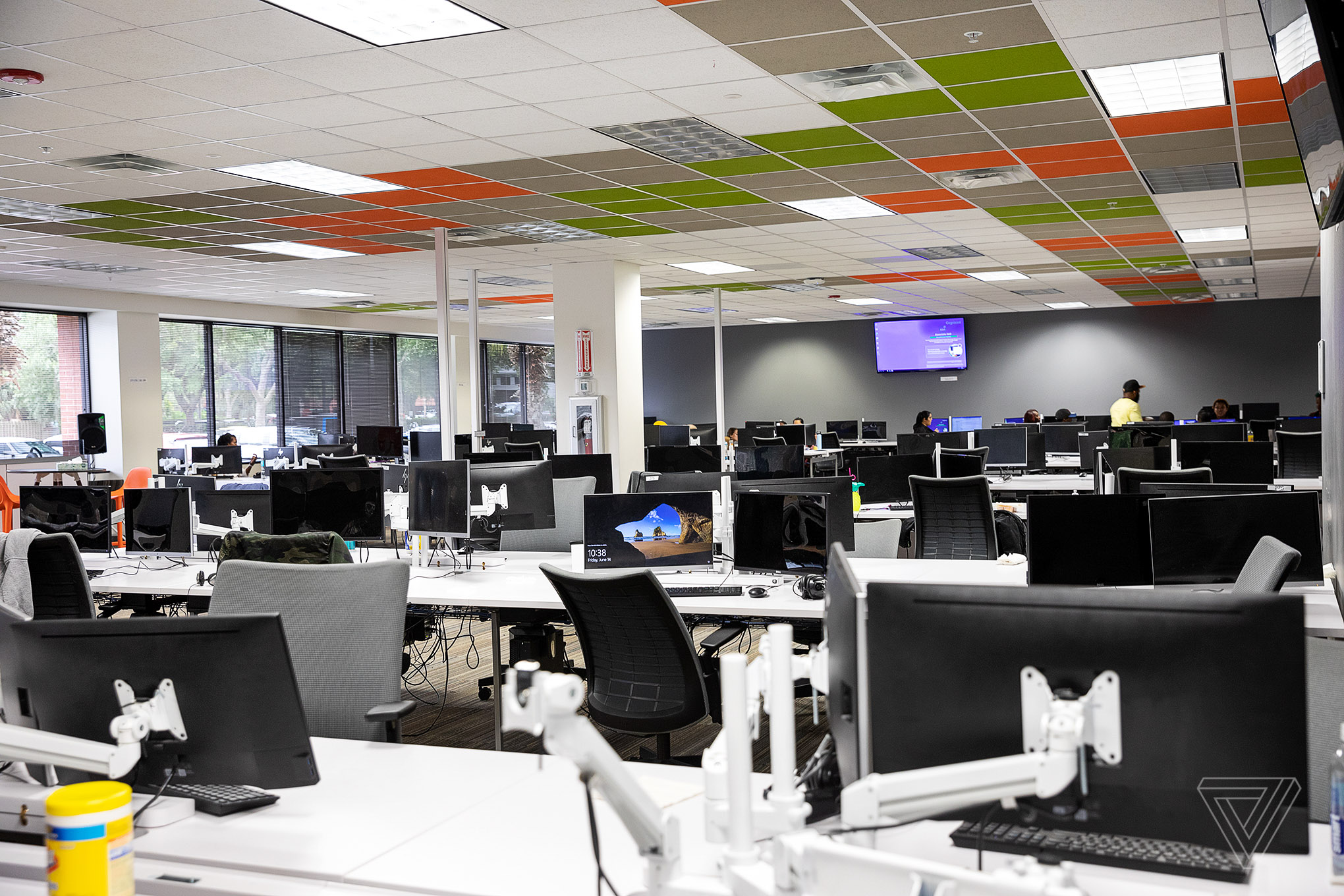 An empty content moderation floor at a Cognizant site in Tampa